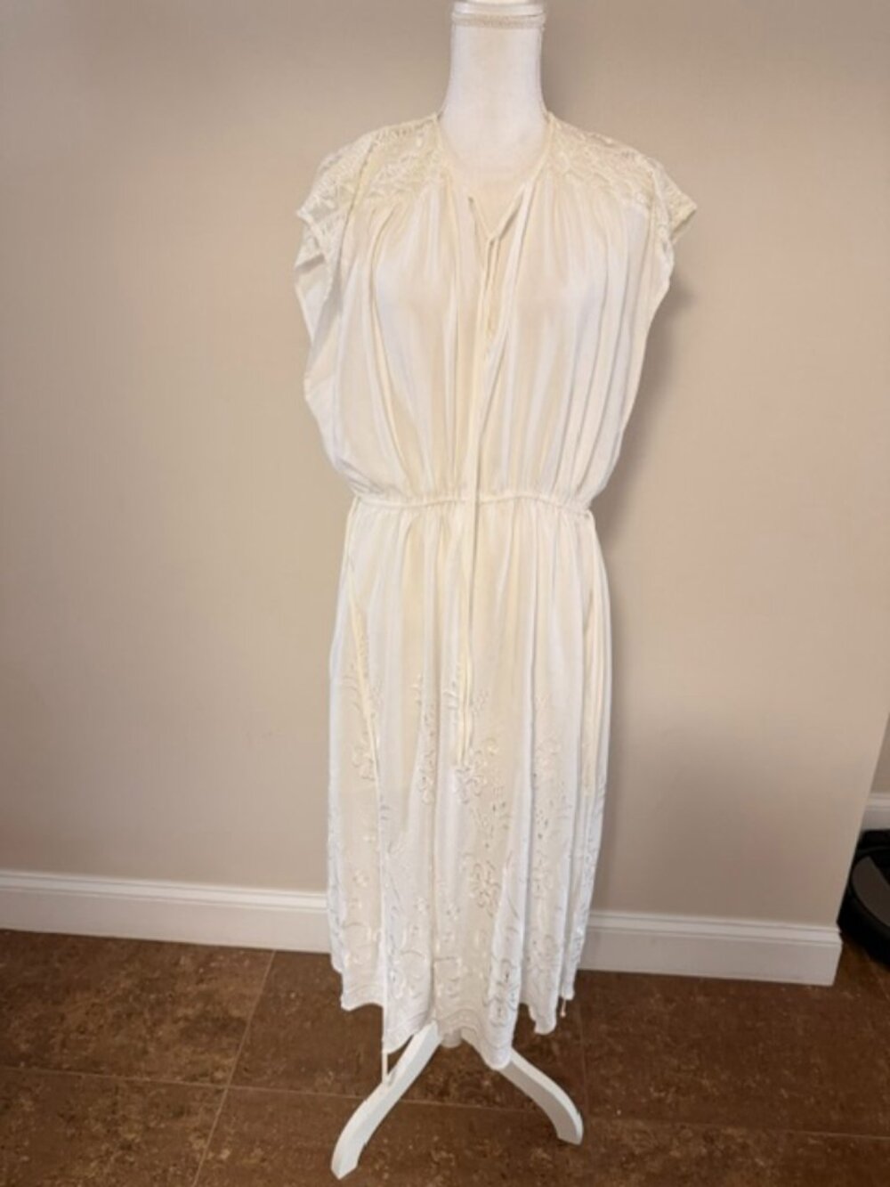 Ivory Embroidered Lace Midi Dress Adjustable Waist Lined Boho Romantic